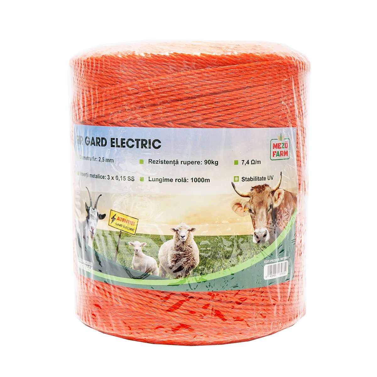 Rola fir portocaliu fi 2.5mm insertie metalica 3x0.15mm SS, rezistenta 7.4 Ohm/m, 1000m gard electric Mezofarm